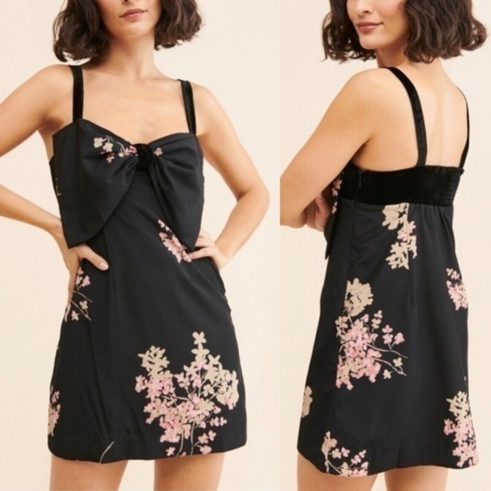 Free People Black Floral Bow Mini Dress Size Medium